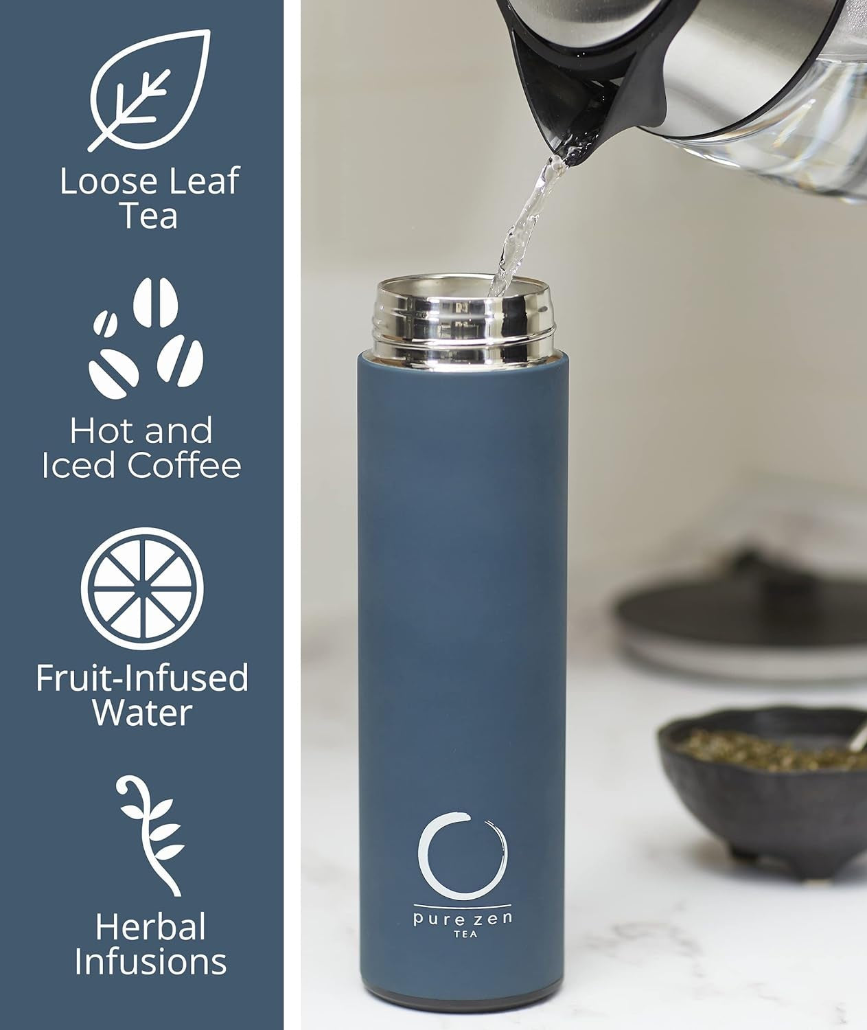 Thermos with Infuser for Hot and Cold Infusions - Stainless Steel - Tea Infuser Bottle - Leakproof Travel Mug with Filter - 15Oz - Blue